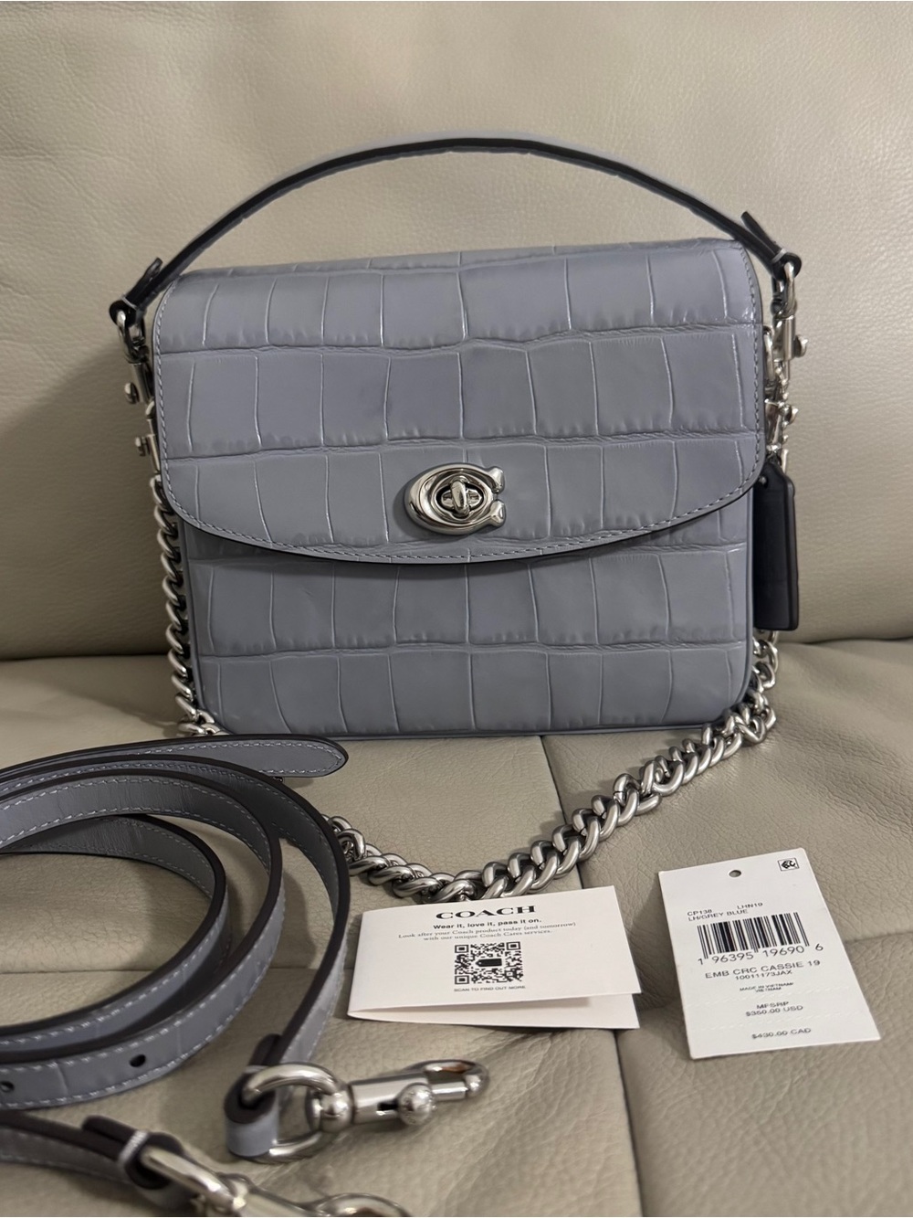 Coach Cassie 19 Gray silver Croc-Embossed leather 3 way bag .